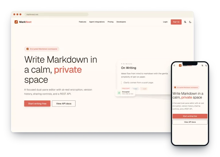 MarkNest website showing its Markdown workspace