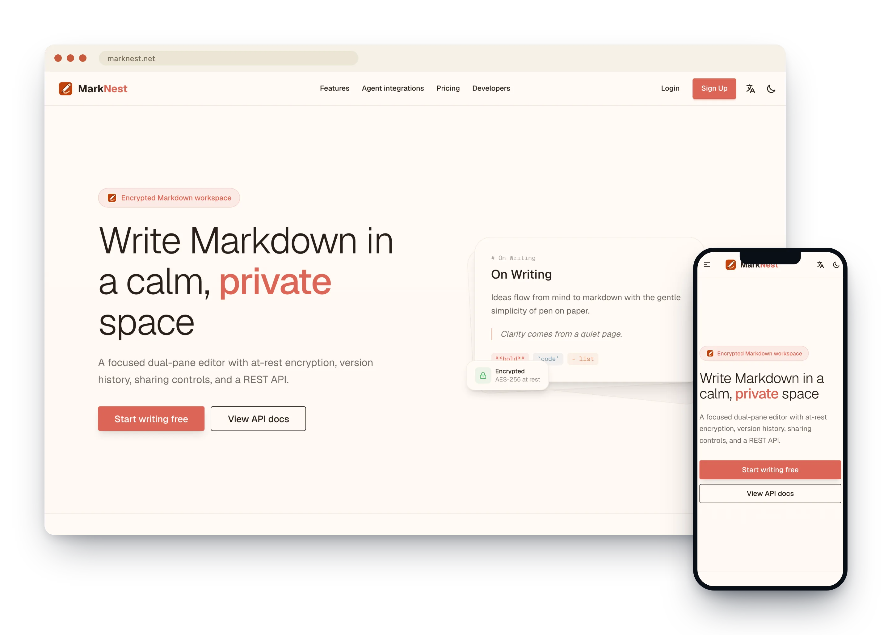 MarkNest website showing its Markdown workspace