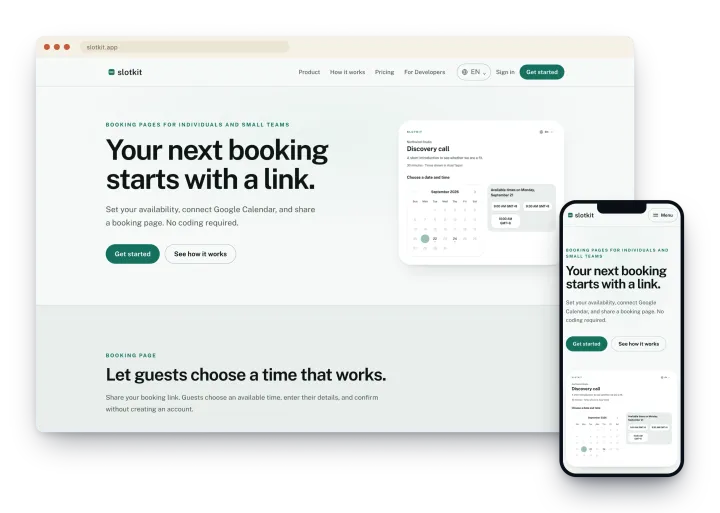 Slotkit website showing its booking-page experience