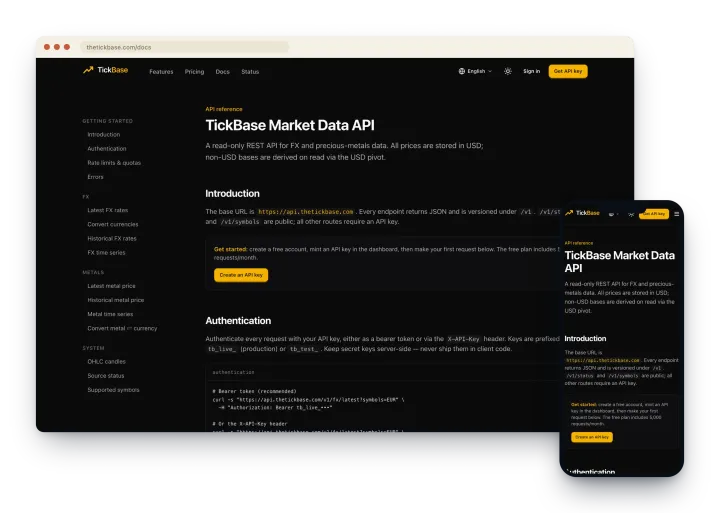 TickBase website showing its market data API documentation