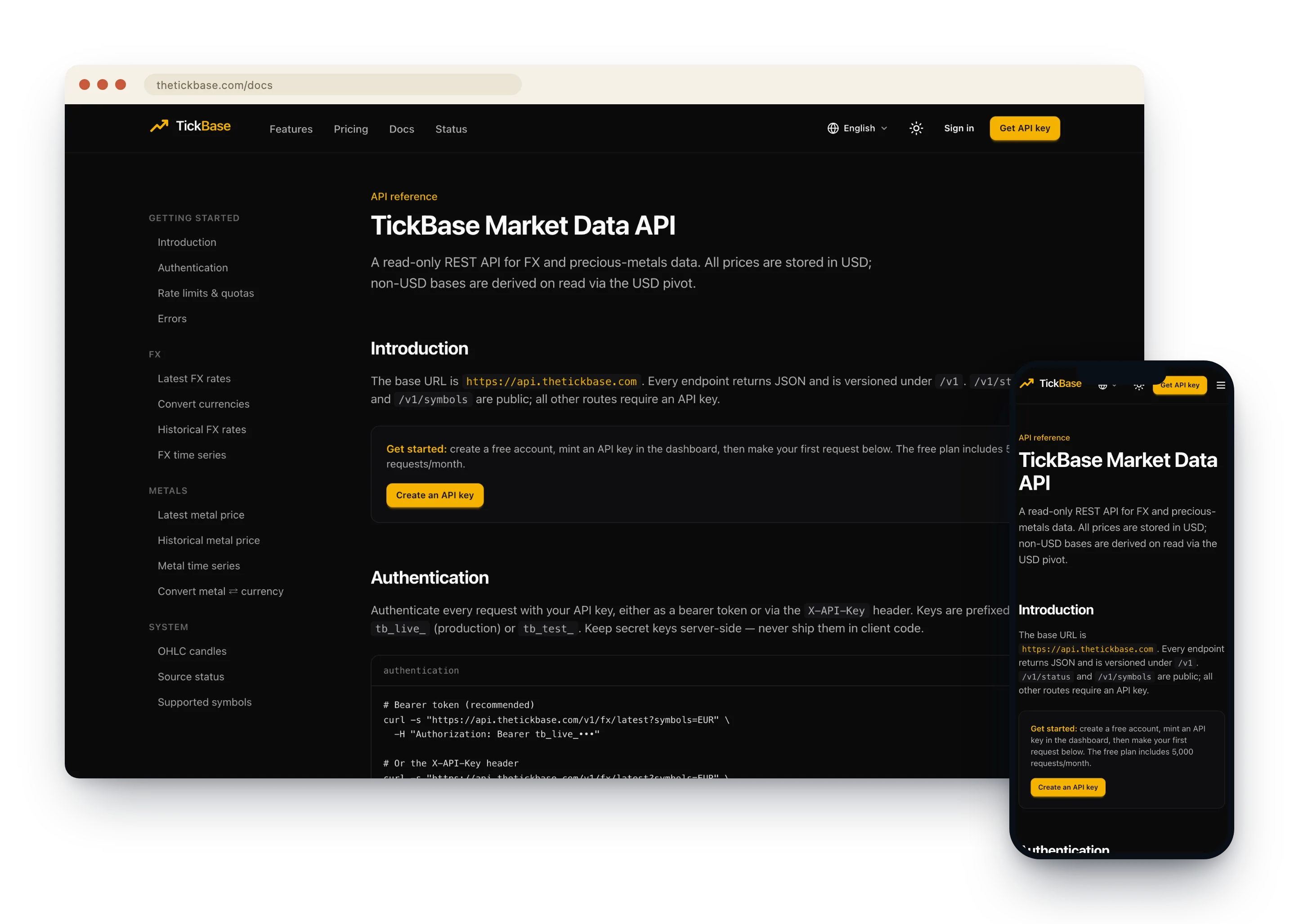 TickBase website showing its market data API documentation